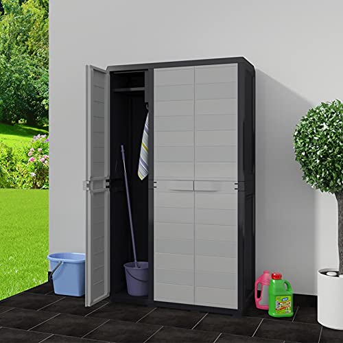 Gecheer Armario de Jardín con 3 Puertas y 4 Estantes Ajustables Armario de Almacenaje Armario Alto de Exterior para Terraza Patio Negro y Gris