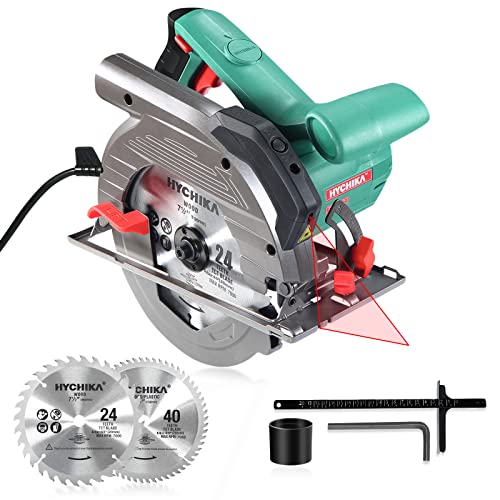 HYCHIKA Sierra Circular 1500W, 4700RPM, 2 Discos 24T+40T: 190mm, Corte 65mm (90º), 45mm (45º), Guía Laser, Motor de Cobre Puro, Extrator de Polvo, 3M Cable