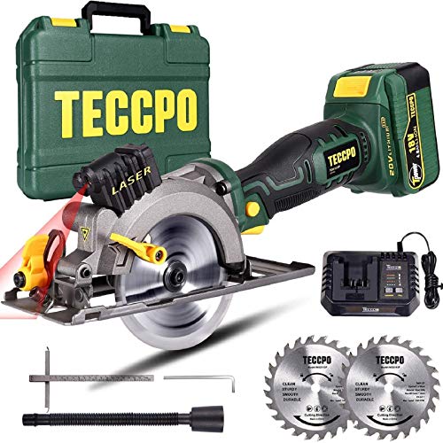 Sierra Circular TECCPO, Batería 4Ah 18V, 1h Cargador Rápido, 4500RPM, 2 Hojas Ø115mm para Madera, Corte a 90°: 42.8mm y Corte a 45°, Luz Láser, Maletín Resistente -TDMS22P