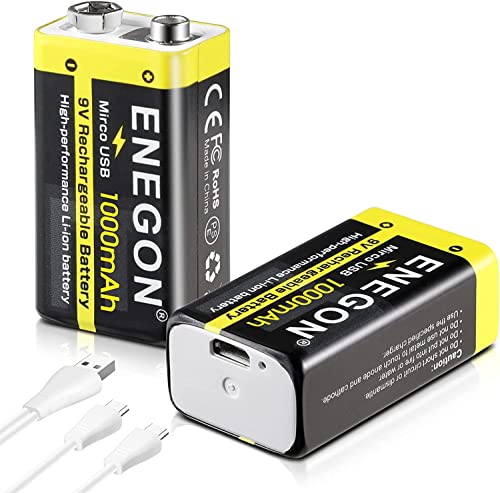 ENEGON 2 x Baterías de Litio Recargables de 9V, 1000mAh con Cable de Carga USB 2 en 1, Baterías de Alta Capacidad 6F22 para Detectores de Humo, Guitarras Eléctricas, Micrófonos, Walkie-talkies y más