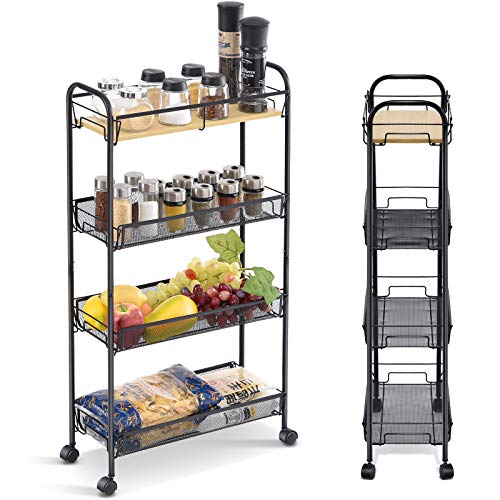 KINGRACK Carrito de Cocina con 4 Niveles, Estrecho con Ruedas, estantería para Cocina y baño, Ahorra Espacio, para Espacios reducidos, Cocina, Oficina, baño, fácil Montaje (Negro)