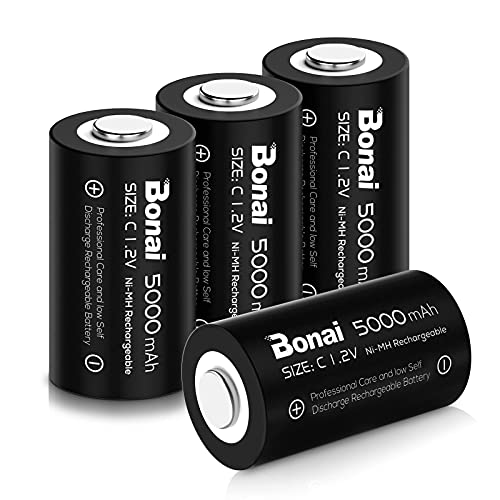 BONAI Pilas C Recargables 5000mAh Precarga, 1.2v NI-MH 4 Piezas Batería C Recargables, Baterías Recargables Tipo C / R14 / LR14