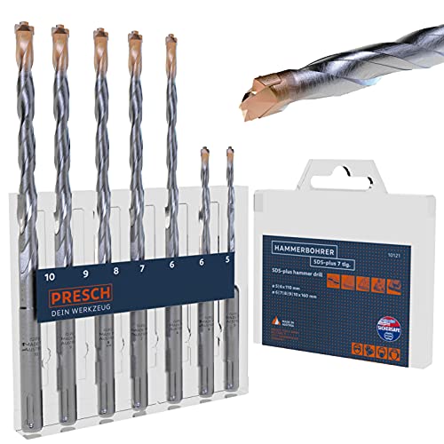 Presch Brocas Hormigón SDS-plus 7 pzas. - Juego de Brocas de Percusión SDS para Hormigón, Piedra, Granito, Ladrillo y Mampostería - Brocas para Hormigón SDS-Plus Ø 5-10 mm