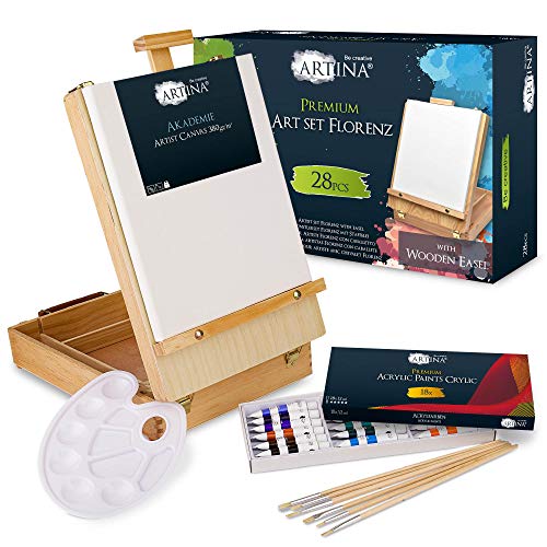 Artina Set de pintura con 28 piezas en maletín de arte Florenz – con caballete plegable – 18 pinturas acrílicas à 12 ml, bastidor, pinceles y más – Kit de pintura Premium con caballete de madera para principiantes y artistas aficionados