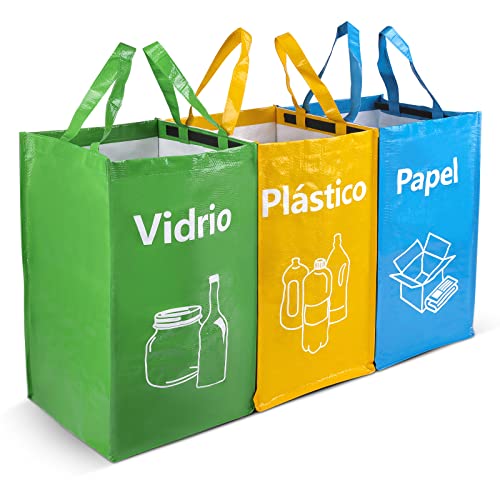 Opret Bolsas Basura Reciclaje 3 Piezas, 30L Cubos de Basura de Reciclaje Colores con Gran Capacidad Separadas con Asas, para Papelera/Vidrio/Plástico/Casa/Cocina