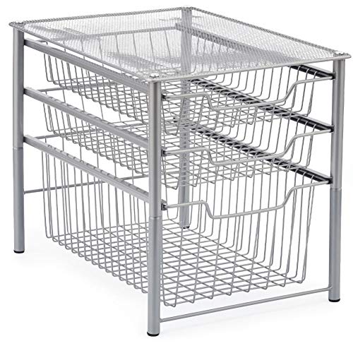 EZOWARE Estante Organizador con 3 Cajones Deslizante, Mueble de Almacenaje para Uso Bajo el Fregadero Cocina Baño Habitaciones Estantería Armario - Plata