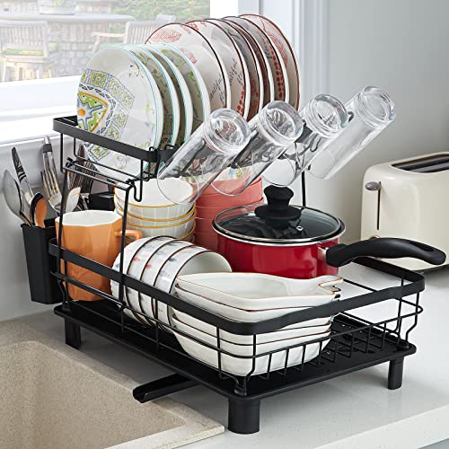 Lifewit Escurridor de Platos para Encimera de Cocina, Escurreplatos de Acero Inoxidable de 2 Niveles con Desagüe, Set Escurreplatos Fregadero para Cubiertos y Vasos con Soporte de Vajilla y Tazas