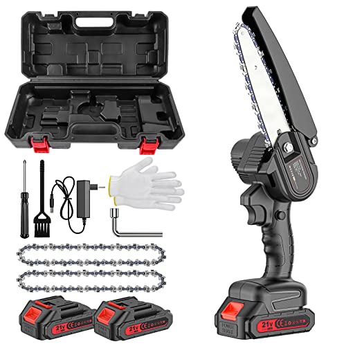 Mini Motosierra, 6 Pulgadas Motosierra de Mano Eléctrica Portátil para Rama de Árbol Corte de Madera, 2 * 2000mAh Baterías, 2 Cadenas
