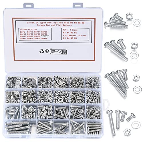 Juego de 1080 Piezas Tornillos, Tuercas y Arandelas, M3 M4 M5 M6 Tornillos Tuercas Cabeza Hexagonal Plana Autorroscantes Kit Surtido para Fijación de Bricolaje