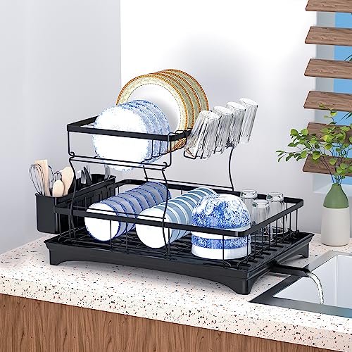 Sterneer Escurreplatos Acero Inoxidable, Soporte de Drenaje Automático, con Soporte para Cubiertos, Soporte para Tazas, Bandeja de Drenaje, para Encimera de Cocina