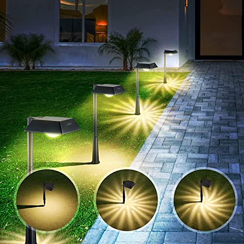 Linkind Luces Solares Exterior Jardin, Baliza Solar con 200lm Luz brillante, 3 Dibujos Cambiable, Altura Ajustable, Lámpara Solar Impermeable IP67 para Iluminar Camino, Césped, Balcón. 4 Piezas.