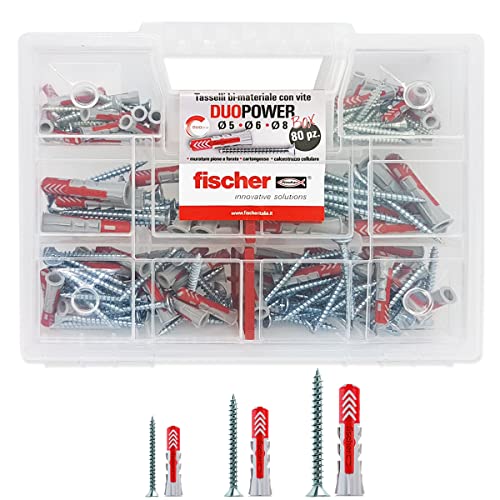 fischer - Kit Duopower Tacos pared con tornillo, Tacos pladur y hormigón, Caja Transparente, 160 uds