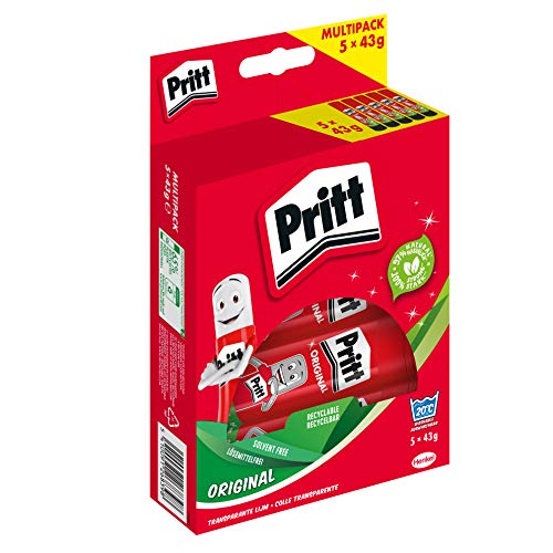 Pegamento en barra Pritt, pegamento seguro y apto para niños para manualidades, pegamento fuerte para uso escolar y de oficina, 5x 43 g Pritt stick