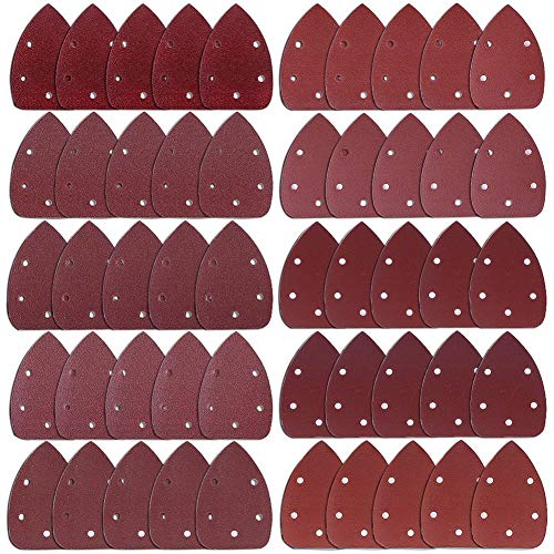 AUSTOR 50 Piezas Juego de Hojas de Lija Raton Detalle Sander Lija de Gancho y Bucle de Surtidos Papel de Lija 40/60/80/100/120/180/240/320/400/800 Granos