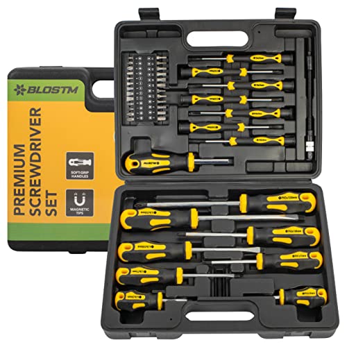 BLOSTM Juego Destornilladores Profesionales - 42pcs Juego de Destornilladores con Puntas Magnéticas Empuñadura Cómoda, Cabezas de Destornillador Phillips, Cabezas Planas y Estuche de Almacenamiento
