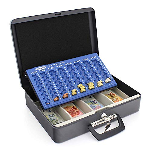 Caja de caudales London de Rottner, Color Negro, Bandeja para billetes, Organizador de monedas deslizante, Cerradura de cilindro, Una asa en la parte superior y una asa lateral
