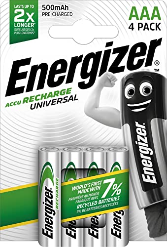 Energizer - Recargables, Pack de 4 pilas AAA 500 mAh, precargada, para dispositivos uso frecuente y cientos de recargas, Color Plata