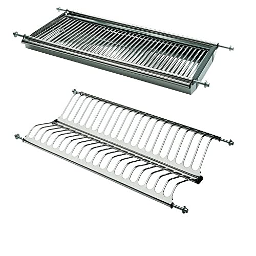 Evotrade Escurreplatos de acero inoxidable empotrados con muelles ajustables – Para mueble colgante – Kit con recogedor de gotas y rejilla vasos (para módulo de 80 cm)