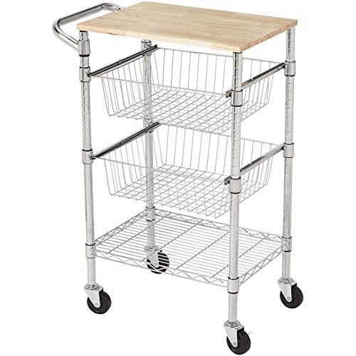 Amazon Basics - Carro con cestas metálicas, de 3 niveles, con tapa de madera, Plata