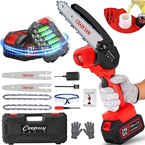 CEEPUY Motosierra Bateria 6000mAh, 6'' Motosierra Eléctrica Mini Motosierra Bateria Portátil con Engrasador Automáticopara y 2 Baterías, Mini Motosierra Inalámbrica para Podar Jardinería