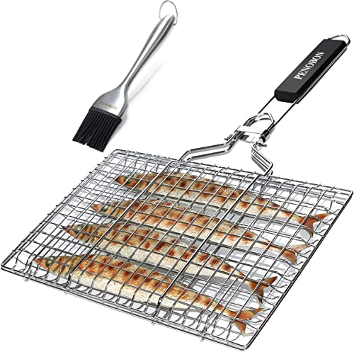 Canasta de asado de Pescado, Canasta de Parrilla de Barbacoa de Acero Inoxidable portátil Plegable, Viene con Cepillo de Cocina y Bolsa de Almacenamiento (Tipo 1)