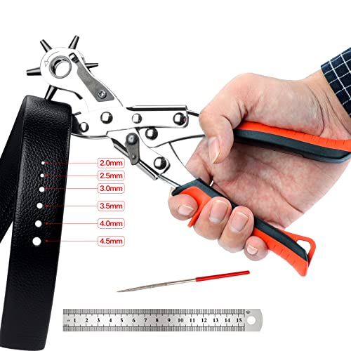 AIRAJ PRO Alicate Sacabocados con 6 Redondo Orificios,Alicate Sacabocados para Cinturones y Cuero con barras paralelas que ahorran mano de obra,para perforar tarjetas, correas de reloj, cartón