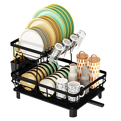 E-MANIS Escurreplatos Acero Inoxidable, Escurridor de Platos de Doble Capa con Placa de Drenaje, Puerta de Boquilla giratoria de 360 °, Estante de vajilla, Estante de Tazas