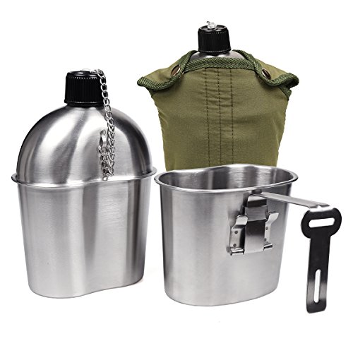 Goetland Juego de Cantimplora Acero Inoxidable Cantina Cantimplora WWII Cantimplora Militar Estadounidense 1L con Copa de 0.5L Funda de Nailon G.I.