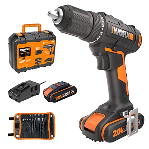 WORX 18V(20V MAX) Taladro Atornillador sin Cable WX108.2, Powershare, Destornillador Eléctrico Máx. 45 Nm, con 2 Baterías de 2,0 Ah y 30 Brocas, 2 Velocidades, Led, Portabrocas de 13 mm sin Llave