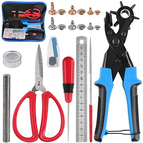 Glarks - Kit con alicates ajustables para perforación delcuero, remaches, tijeras, regla, destornillador y punzón para cinturón, correas de reloj, sillín, zapatos