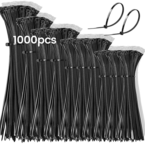 DUNSOO 1000 Piezas Bridas Plastico, Bridas Negras 100/150/200/250/300mm, Presillas Plastico Resistente a Temperatura, Bridas para Cables Para Oficina, Hogar, Exteriores