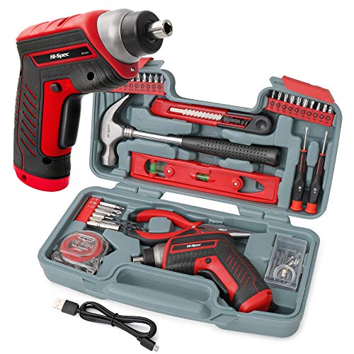 Hi-Spec Caja de Herramientas con Atornillador Electrico USB de 3.6V Rojo 35 Piezas. Juego de Herramientas para Bricolaje, Reparacion, y Mantenimiento. Incluye Juego de Brocas y Puntas populares.