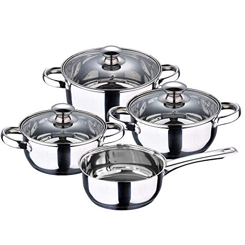 San Ignacio Batería de cocina 7 piezas Cazo sin tapa Ø16 (1.5L) / Cacerola Ø16 (1.5L) Cacerola Ø18 (2.0L) Cacerola Ø20 (3.0L), acero inoxidable, inducción, Color Plateado