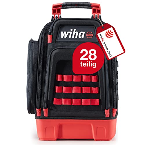Wiha Electriker 45528 - Mochila para herramientas (28 piezas, con equipamiento básico para electricista, base estable, con compartimento para ordenador portátil, bolsillos para accesorios