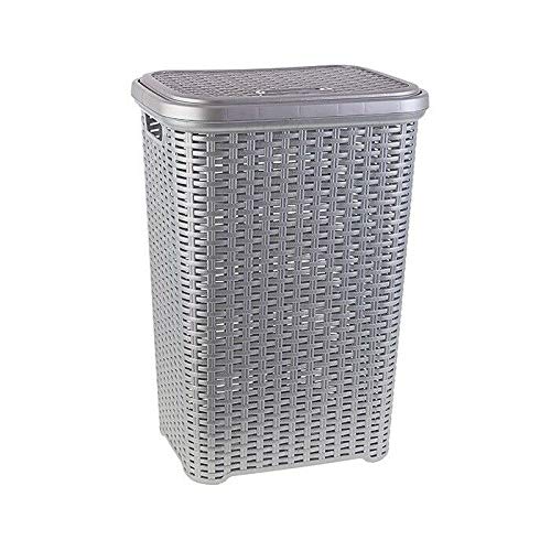 Cesta de Ropa pongotodo con Tapa 60 litros cesto Mimbre Rattan (Plata)