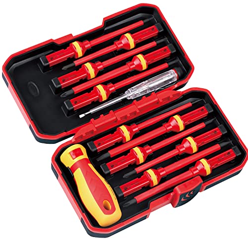 BRIMIX 13 PCS JUEGO DE DESTORNILLADORES AISLADOS 1000V VDE Y BUSCAPOLO. ELECTRICISTA, PUNTA MAGNETICA, HOJAS INTERCAMBIABLES Y ESTUCHE ORGANIZADOR