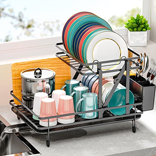 APEXCHASER Escurreplatos de Platos,escurreplatos Plegables de 2 Niveles,Estante de Secado de Platos de Metal con caño Giratorio de 360°,Soporte para Utensilios,escurridor de Platos Grande para Cocina