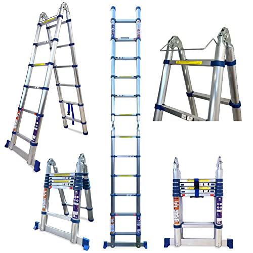 KELI – Escalera telescópica de doble plano, escalera plegable 2 en 1 escalera escalable, fabricada en aluminio de calidad profesional, certificada a 150 kg EN131 CE (380 cm)