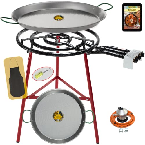 COMBOI Kit Quemador Paellero de gas butano 60 cm, paellera de 70 cm + paellera 42 cm, Regulador de gas, Manguera, Soporte Patas reforzadas, nivel, delantal, libro de recetas digital