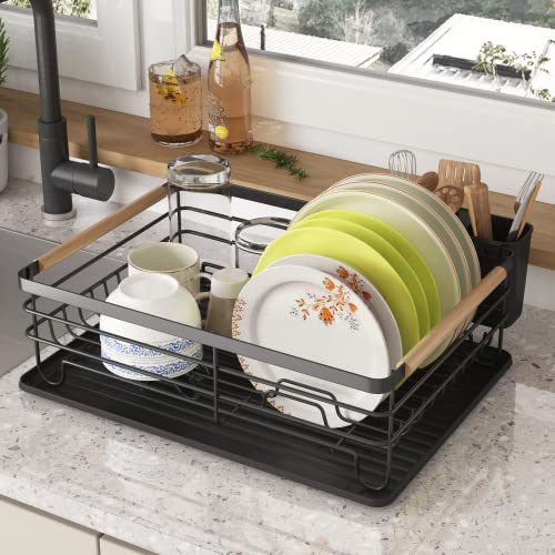 COVAODQ Escurreplatos con Bandeja de Goteo y colector de Cubiertos, Soporte para Cubiertos con Bandeja antigoteo, 43 × 32 × 14 cm (Negro)