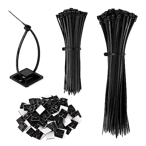 Giloty Bridas Plastico 200 piezas 100mm/150mm y 100 piezas Soportes Adhesivos para Bridas de Cable,Juego de Bridas de Nylon Resistentes a los Rayos UV para el Hogar, la Oficina y la Industria