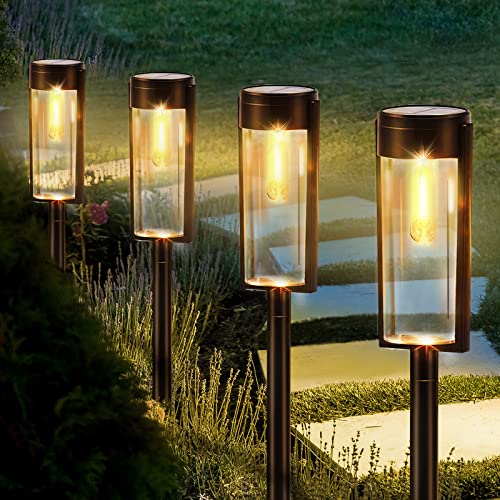 Balizas Solares de Jardin 4 Paquete, Luz Solar Exterior Jardin Impermeable IP65, Luces Solares Led Exterior Jardin Suelo, Decoración de Jardín para Pasarela al Aire Libre, Patio, Jardín, Césped