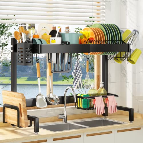 SAYZH Escurridor de Platos, Escurreplatos sobre Fregadero, Escurridor de Platos Ampliable (de 50.5 CM a 86 CM), con Soporte para Utensilios Portavasos, para Mostrador de Cocina, Inoxidable, Negro