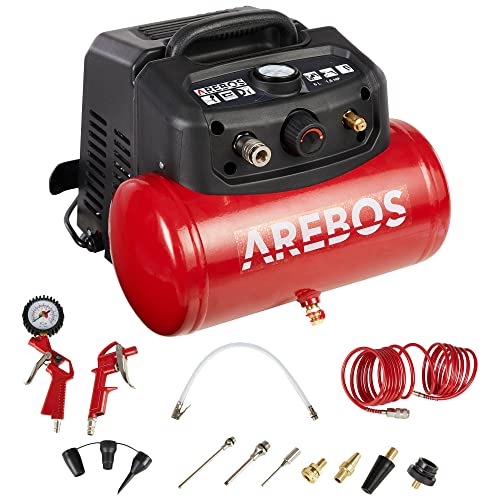 Arebos Compresor de aire comprimido | Incluye 13 accesorios | Compresor silencioso | compresores para pintar | Compresor aire electrico | Bajo mantenimiento | Apagado automático | 6 Litros