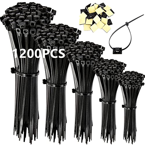 Frasheng 1200 Piezas Bridas de Plastico para Cables,100/150/200/250/300 mm,Soporte de brida para cables en negro,Bridas de Nailon,Con 30 piezas de base autoadhesiva,Para Hogar,Oficina,Exteriores