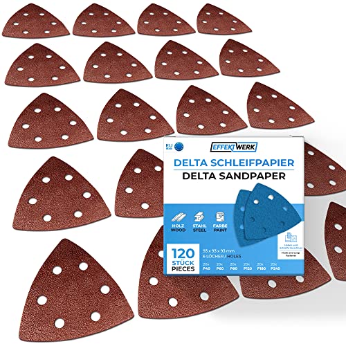 EFFEKTWERK Lijadora Triangular de Papel de Lija Delta Sander - 120 piezas - Papel de Lija con Velcro - 6 Agujeros - Triángulos de Lijado de 93x93x93 mm - Grano 20x P40 P60 P80 P120 P180 P240