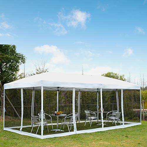 Outsunny Carpa 6x3m Plegable Gazebo para Jardín Cenador con 6 Cortinas Mosquitera y Cremallera Bolsa Transporte Montaje Fácil Acero Tela Oxford Blanco
