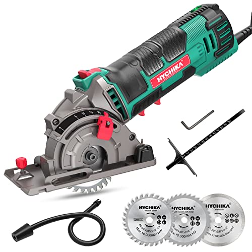 Mini Sierra Circular de Mano, HYCHIKA 500W Sierra Circular, 4500RPM Motor de Cobre Puro, 3 Hojas de 30T+ 36T+ Diamente, Ideal para Cortar Azulejo, Madera, Metal Blando, Plástico