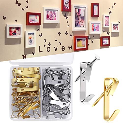 Gancho Cuelga Cuadros,Colgador Cuadros,Gancho Colgar Cuadros,Gancho Marco Fotos,con Clavos,para Espejo,Ropa,Sombrero,Pintura de Pared de Madera,Oro y Plata,30 LB,40PCS