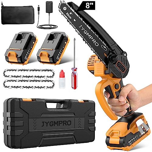 JYGMPRO Mini Motosierra Bateria 8 Pulgadas, Motosierra Eléctrica Brushless con 2 Baterías 2.0Ah, 2 Cadenas, 10m/s Velocidad Cadena Motosierra Inalámbrica para Ramas, Rboles, Patio, Hogar, Jardín